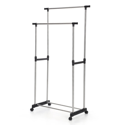 Perchero vertical ajustable portátil para tela, perchero rodante vertical para ropa, perchero metálico de doble capa para ropa
